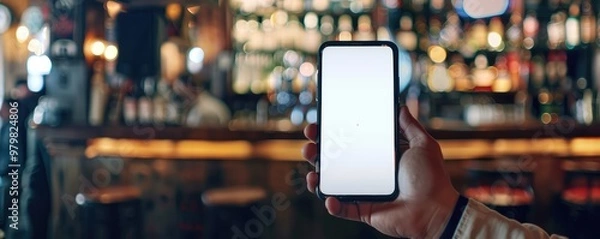 Obraz hand holding a smartphone with a blank screen in a lively bar with colorful shelves of bottles in the background