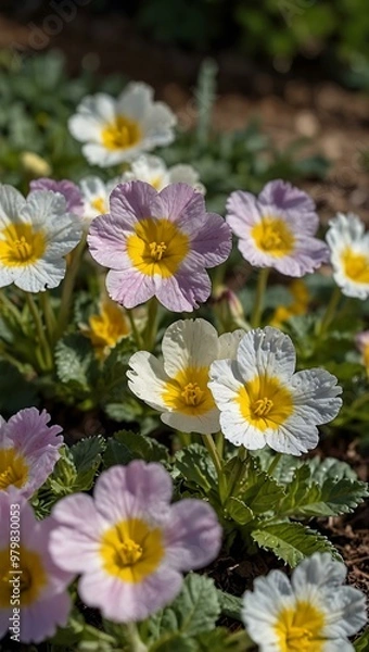 Fototapeta Primrose flowers in full bloom at the park.