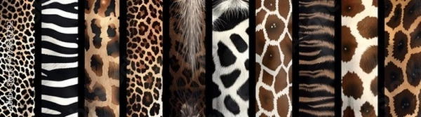 Fototapeta 30 seamless patterns of animal skin textures in vector illustration form, including zebra, tiger, leopard, snake and giraffe prints as well as lion prints, laid flat on a white background with the tex