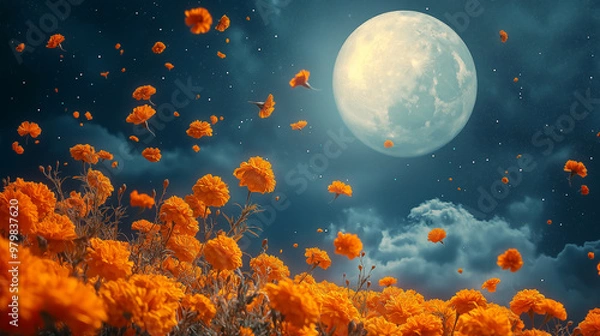 Fototapeta Moon and Marigold Night Sky, a moonlit sky filled with marigolds floating in the air, with copy space, Day of the Dead