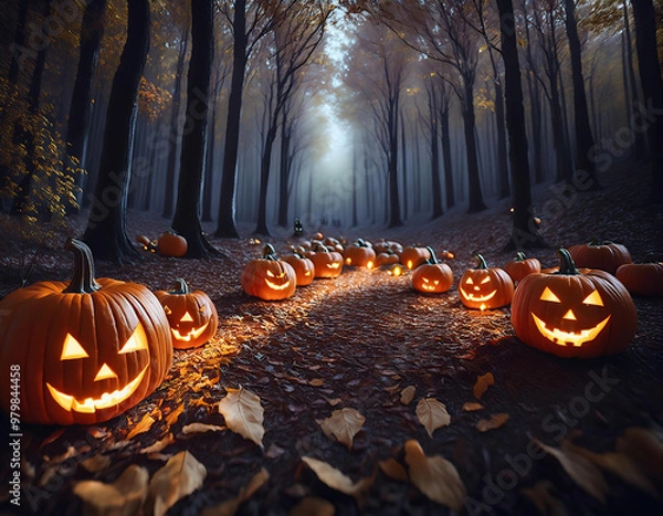 Fototapeta Spooky Halloween scene with glowing jack-o-lanterns amidst fallen autumn leaves in the forest	