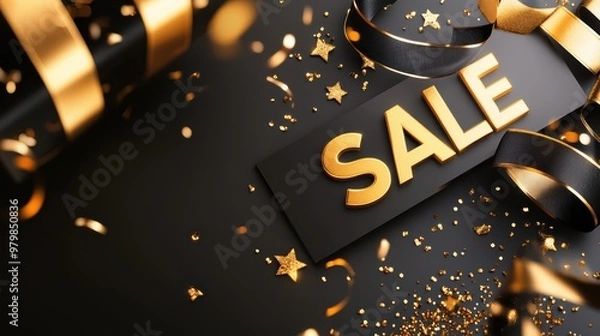 Fototapeta A Black Friday banner with sleek black and gold ribbons, bold "SALE" text, and sparkling confetti, perfect for a luxurious promotion.