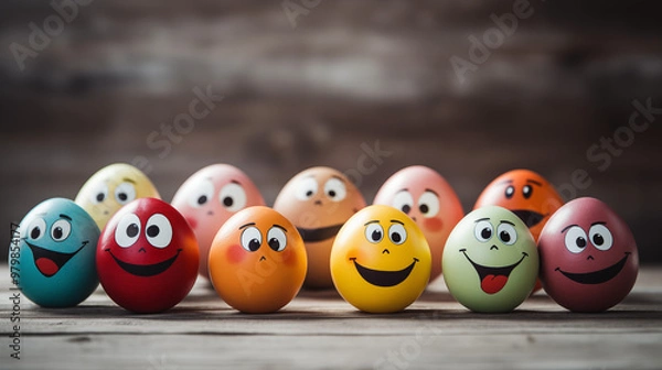 Fototapeta Easter Joy Emoji Eggs Vibrant Colored Eggs with Playful Faces for Festive Designs