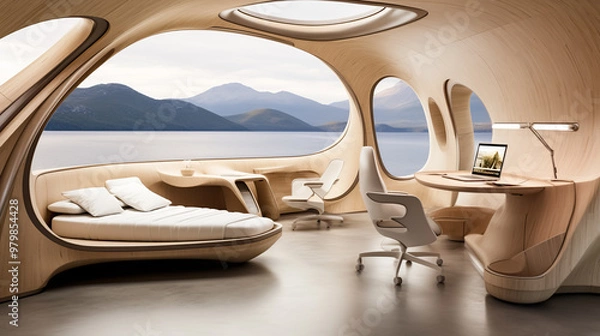 Fototapeta Futuristic interior design of a modern bedroom with a huge oval window and views of the lake and mountains in the distance