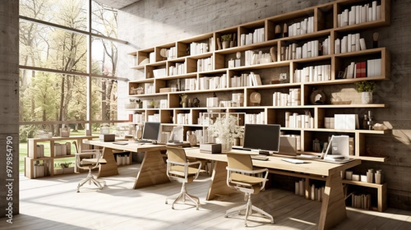 Fototapeta Modern interior of a cabinet combined with a library