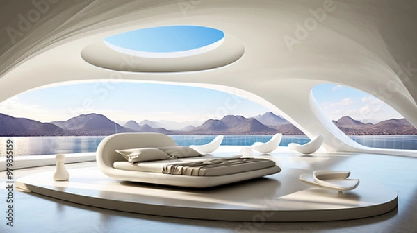 Obraz Futuristic design of a relaxation area with a bed on a terrace overlooking a mountain lake