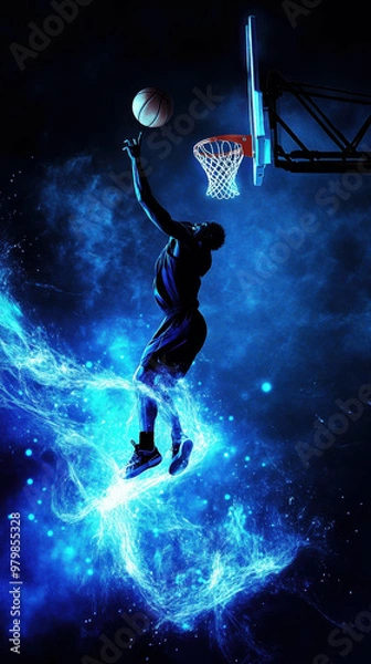 Fototapeta A player performs a dynamic slam dunk under dramatic lighting during a nighttime basketball matchup