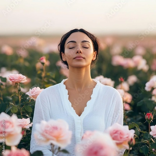 Fototapeta Gentle Cancer woman in a field of roses, embodying sensitivity and care