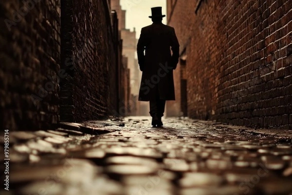 Fototapeta Mysterious silhouette of man in top hat walking through dark narrow alley