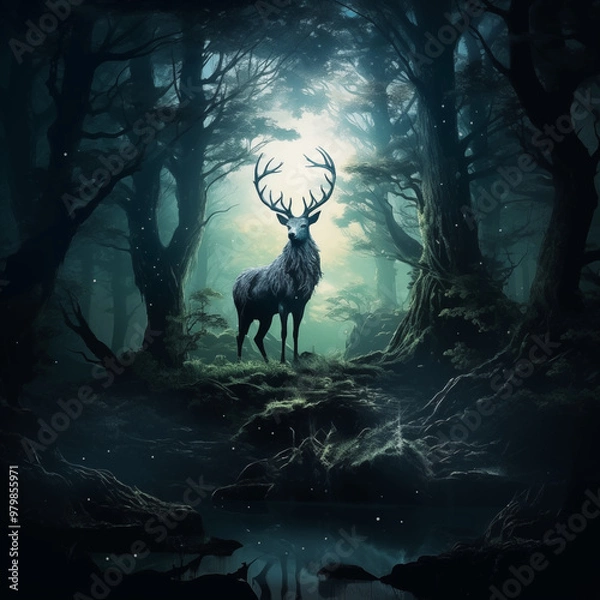 Fototapeta Mystical Deer in Moonlit Forest: Enchanting Discovery