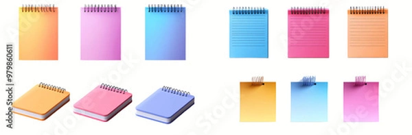 Fototapeta Colorful notepads in various sizes and designs, featuring spiral bindings and vibrant hues. Perfect for organization and creativity.