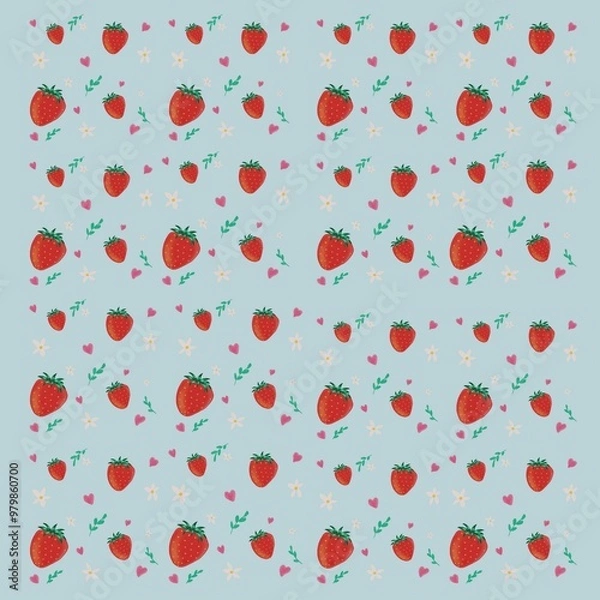 Fototapeta Cute pattern with strawberries and hearts