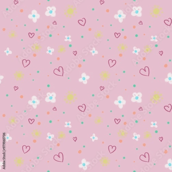 Fototapeta Cute pink pattern with tiny hearts and flowers