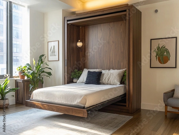 Fototapeta Murphy bed folded into a custom-built dark oak storage wall, bright cozy room, plants, minimalist decor, natural light streaming through a window