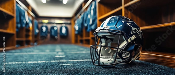 Fototapeta A football uniform laid out neatly in locker room, showcasing blue helmet with star design. atmosphere is organized and ready for game day, evoking excitement and anticipation