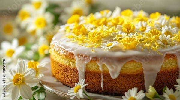 Fototapeta A lemon cake topped with a glaze and fresh lemon zest, surrounded by an arrangement of yellow and white daisies and daffodils