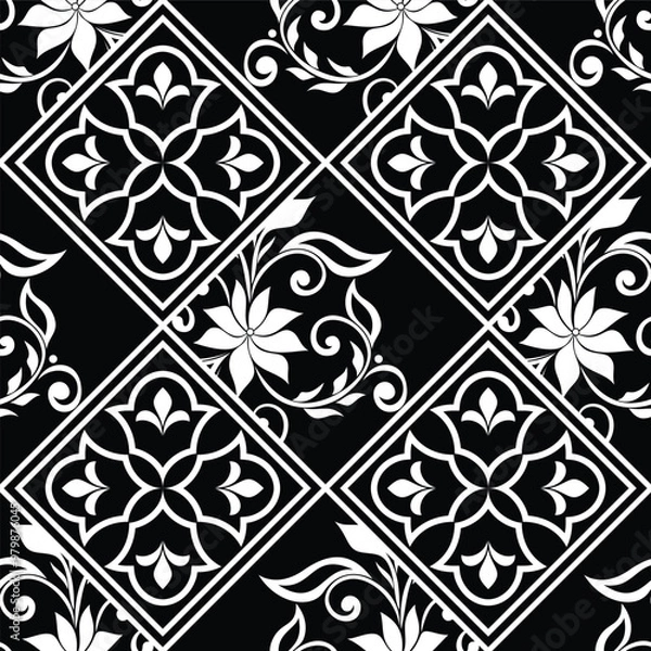 Fototapeta Floral seamless pattern. Black and white elements. wallpaper, fabric, packaging, wrapping. Flower ornament. Vector background.