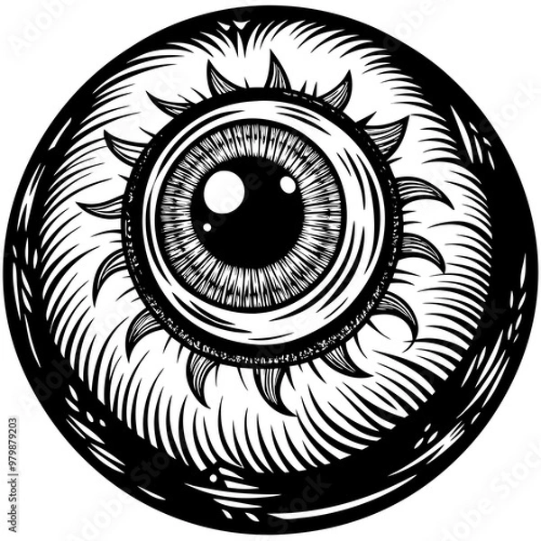 Fototapeta A black and white drawing of an eye with a sun in the background. The eye is large and has a bright, glowing look to it. The sun is positioned above the eye, creating a sense of depth and dimension