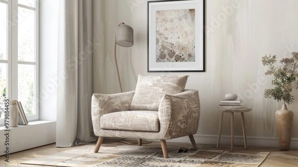 Fototapeta This modern living room showcases a cozy armchair with organic flowing forms, bathed in soft light, complemented by Japanese-inspired prints and a harmonious color palette.
