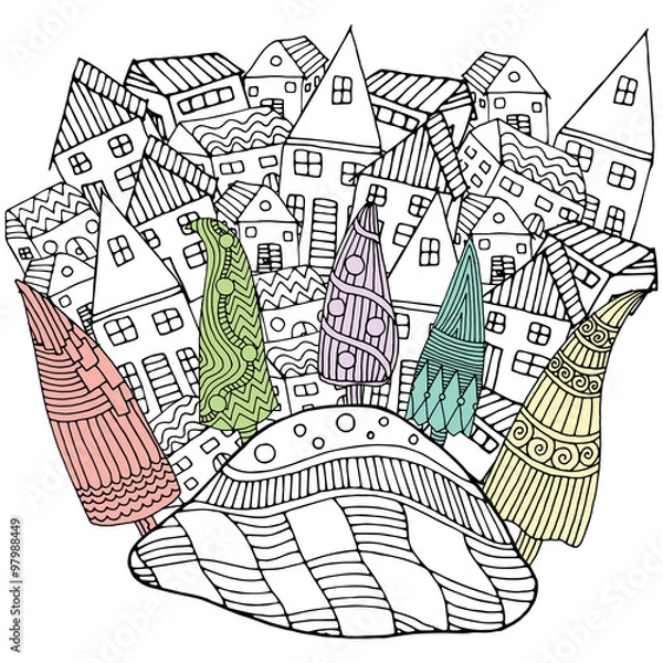 Fototapeta Artistically winter, christmas, ethnic pattern with Xmas trees and houses. Pattern for coloring book. Vector. Hand-drawn, floral, retro, doodle, zentangle, tribal design element.