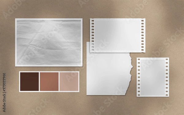 Fototapeta Realistic 3D blank photo frames, film, texture, ornament, torn paper glued textures and tape moodboard mockup. Grunge texture background with leaves and windows shadow overlay vector illustration