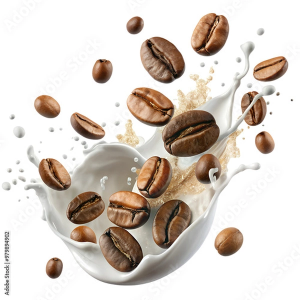 Obraz Dynamic splash of milk with flying coffee beans, creating an energetic coffee moment perfect for beverage designs.