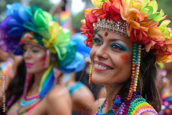 Fototapeta young woman on the right of the image facing left in multicolored clothing at a parade in the city, pride day, lgtbq+, lgtb, horizontal,
