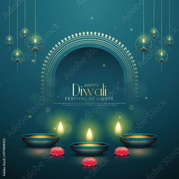 Fototapeta Happy Diwali - festival of lights colorful poster template design with decorative diya lamp