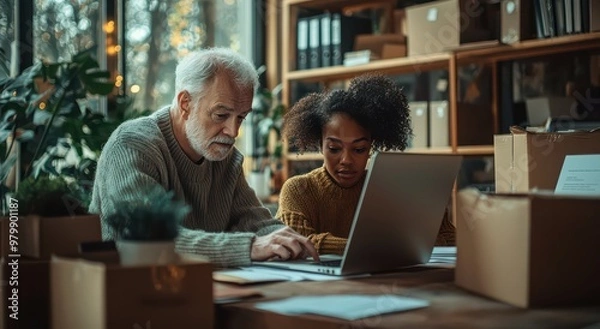 Fototapeta Collaborative workspace with older man and younger woman working together on a laptop