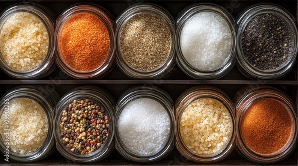 Fototapeta An overhead view of a neatly arranged spice rack featuring jars of cooking salt, with a focus on its texture and packaging alongside other seasonings.