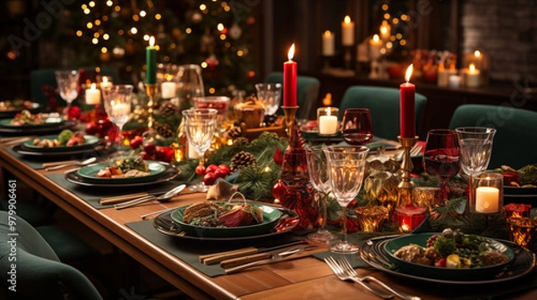Fototapeta A top-down view of a beautifully set Christmas Eve table, featuring food