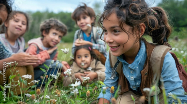 Fototapeta Children Enjoying Outdoor Nature Adventure in Summer Field - Perfect for Education and Play Concepts. Generative ai