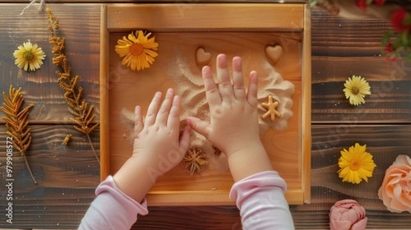 Fototapeta Montessori school sensory box teaching concept with child s hands from above