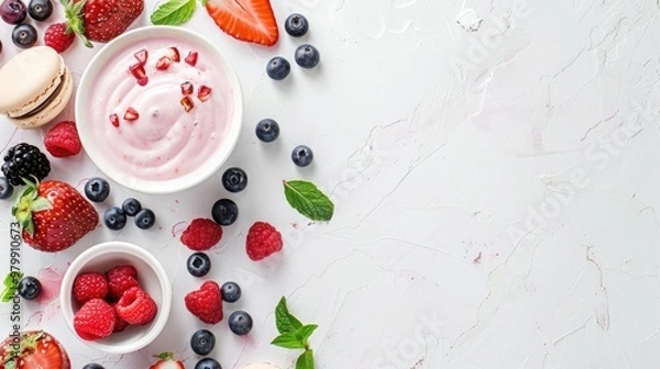 Fototapeta Nutritious breakfast featuring strawberry yogurt fresh fruit and macaroon cake on a white background Top down view with space for text