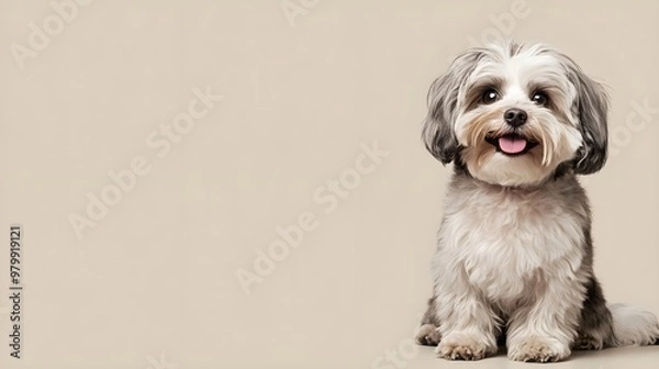 Fototapeta A playful Havanese dog with a fluffy coat sitting on a light solid color background, showcasing its lively personality