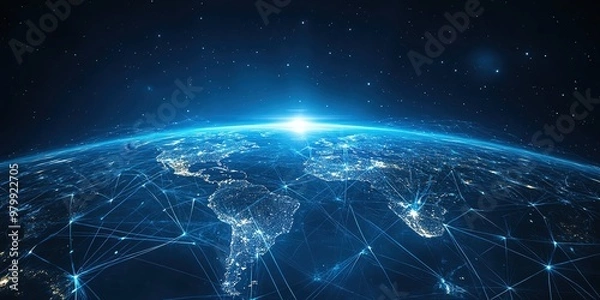 Fototapeta Connected Earth A dark, futuristic scene with a digital map of the world, glowing blue with lines of connection across continents