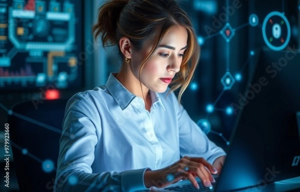 Fototapeta Woman works at a computer in the data center.