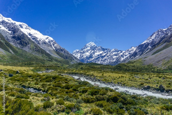 Fototapeta Lake Pukaki & Lake Tekapo Views with Lupin Fields, Hooker Valley Track, Southern Alps, Mt Cook Mountains Glacial Rivers, Snow-Capped Peaks, Scenic Trails, Landscape New Zealand’s Canterbury Queenstown