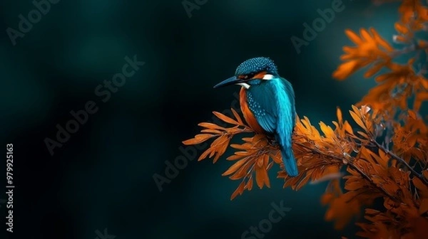 Fototapeta  A bird sits atop a tree branch, its head adorned by another bird with blue-orange plumage