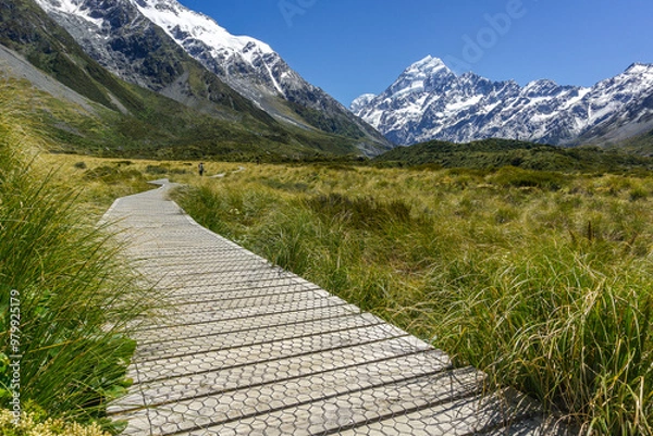 Fototapeta Lake Pukaki & Lake Tekapo Views with Lupin Fields, Hooker Valley Track, Southern Alps, Mt Cook Mountains Glacial Rivers, Snow-Capped Peaks, Scenic Trails, Landscape New Zealand’s Canterbury Queenstown