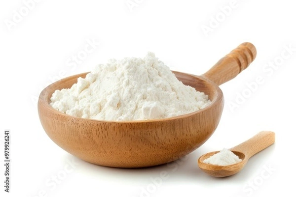 Fototapeta Closeup of tapioca starch in bowl and spoon on white background