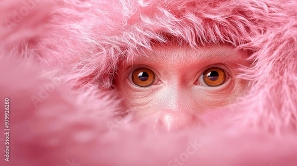 Fototapeta  A tight shot of a monkey's face with a pink fabric covering its head and obscuring its eyes