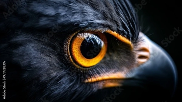 Obraz  A tight shot of a bird's eye against a black backdrop, adorned with yellow and black plumage