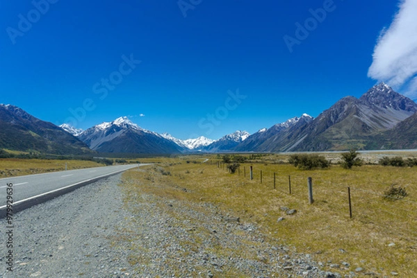Fototapeta Lake Pukaki & Lake Tekapo Views with Lupin Fields, Hooker Valley Track, Southern Alps, Mt Cook Mountains Glacial Rivers, Snow-Capped Peaks, Scenic Trails, Landscape New Zealand’s Canterbury Queenstown