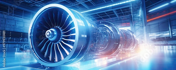 Obraz Aircraft engine dismantled in a hangar blue color