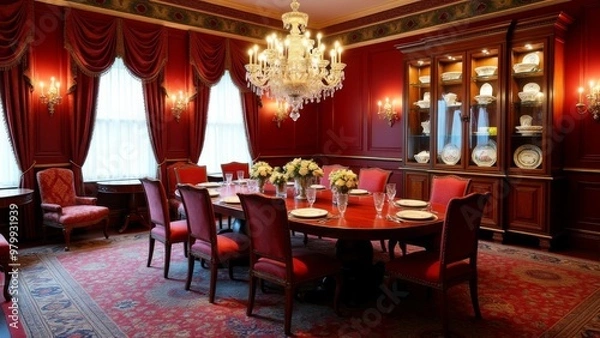 Fototapeta Generative AI, a dining room with a table and chairs and a chandelier hanging from the ceiling and a chandelier hanging from the ceiling, fantastically gaudy, a flemish Baroque, rococo
