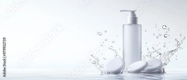 Fototapeta  A bottle of lotion on a body of water, with three skincare items beside it