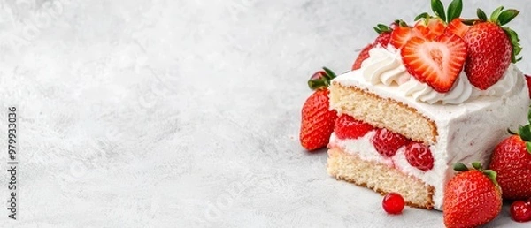 Fototapeta  A cake topped with white frosting and strawberries on a pristine white tablecloth