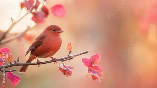 Fototapeta  A red bird perching on a tree branch, surrounded by pink flowerforeground, and a softly blurred background