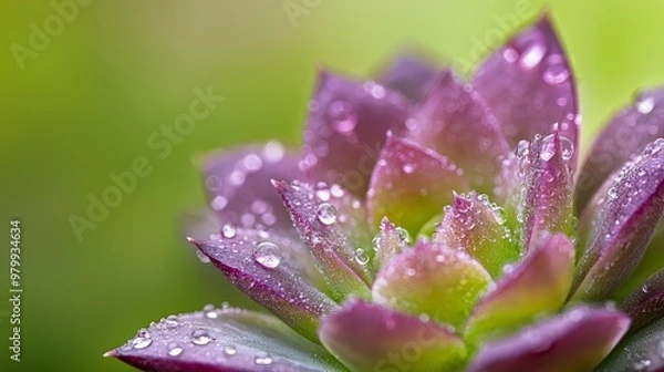 Obraz  A tight shot of a purple flower, dewdrops glistening on its petals against a verdant background